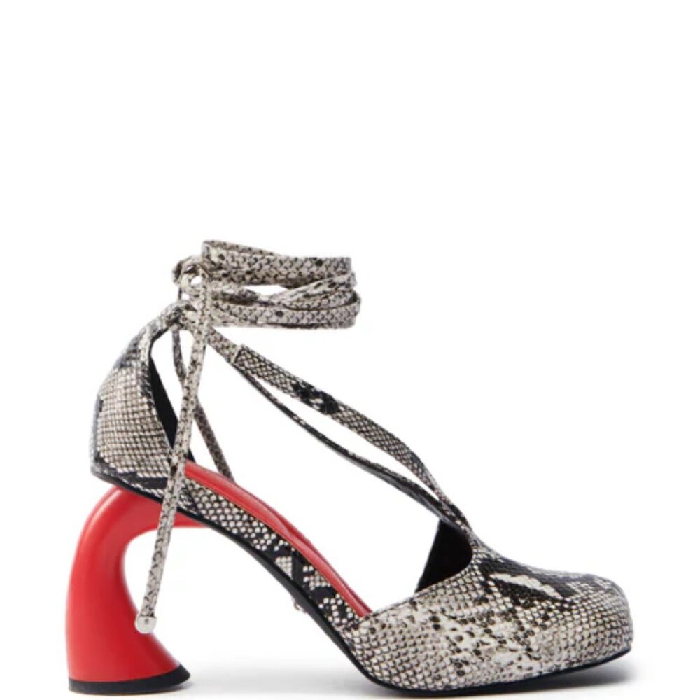 AZALEA WANG BUIKY SNAKE CONTRAST CURVED HEEL OPEN TOE PUMP - Picture 2 of 11